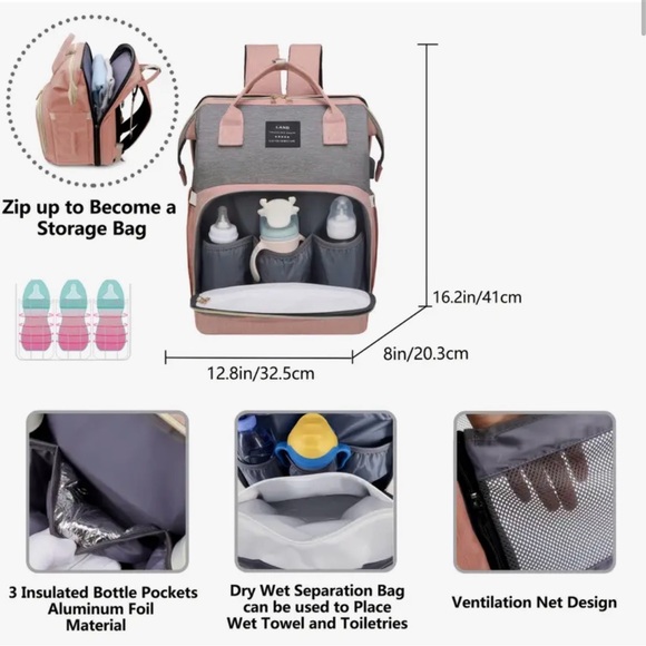 Pink Multi-Function Diaper Bag with Bassinet - Picture 8 of 12